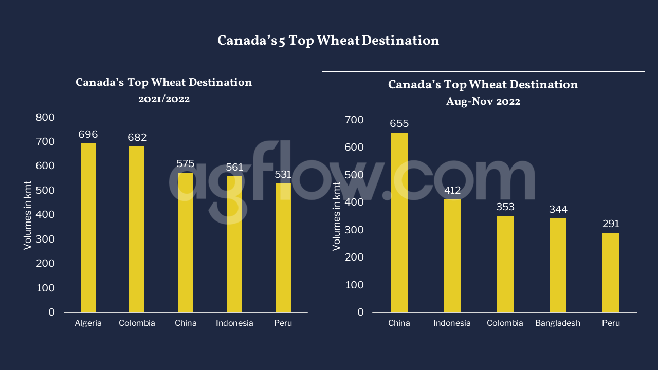 Canada’s 5 Top Wheat Destinations ((MY 2019/2020 & Aug to Nov 2022/2023)